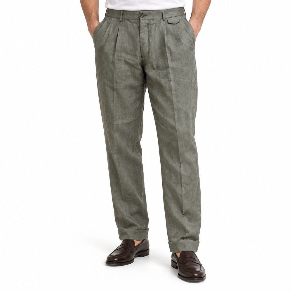 Stafford Pleated Pants Men 40x32 Olive Classic Fit Linen Stretch Waist Trousers